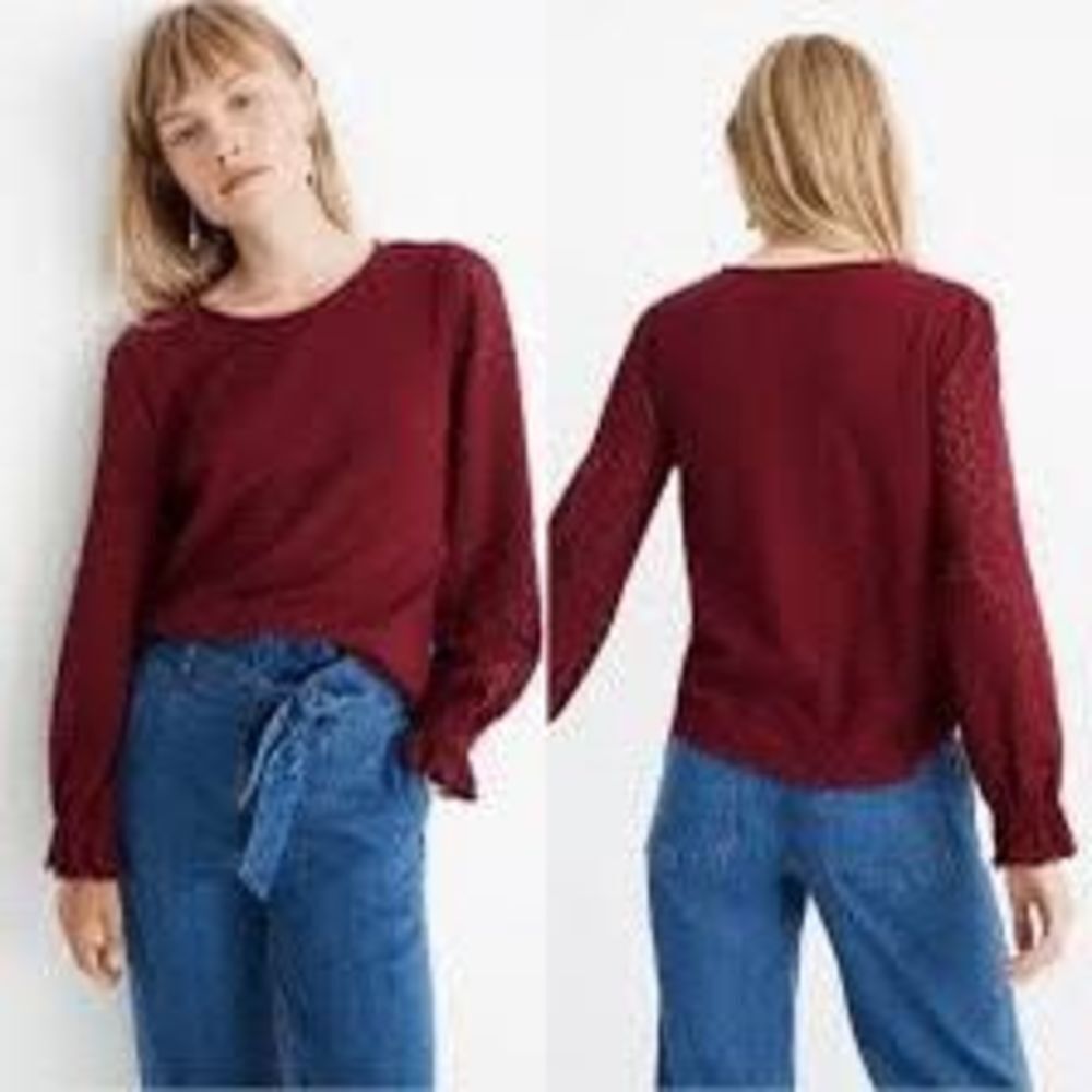 NWT Madewell Texture & Thread Eyelet Mix Ruffle-Sleeve Top in Burgundy S…